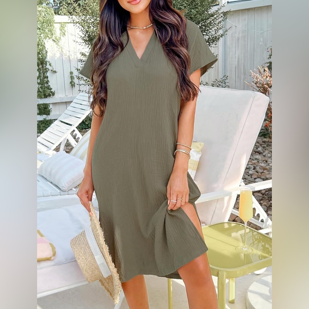 Cupshe Olive Green V-Neck Short Sleeve Midi Dress - Picture 5 of 7